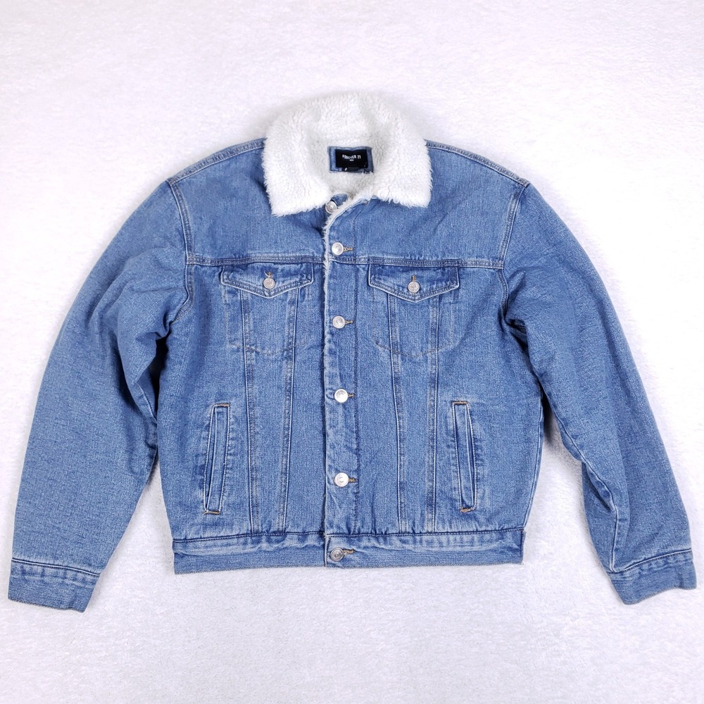 Forever 21 Men Denim‎ Trucker Jacket M Sherpa Lined Medium Wash Blue Coat